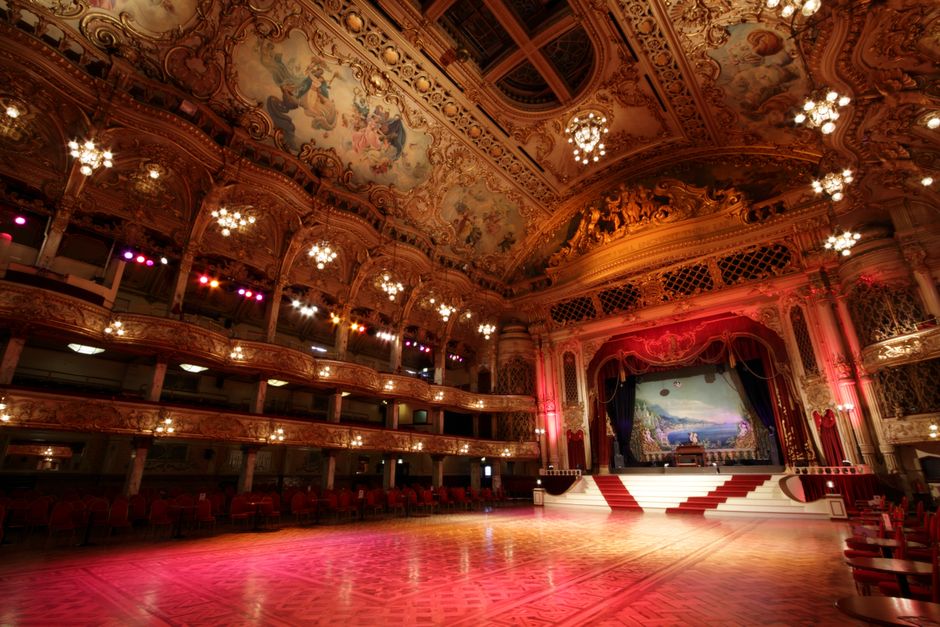 Stunning view of the historic and opulent Blackpool Tower Ballroom, England.